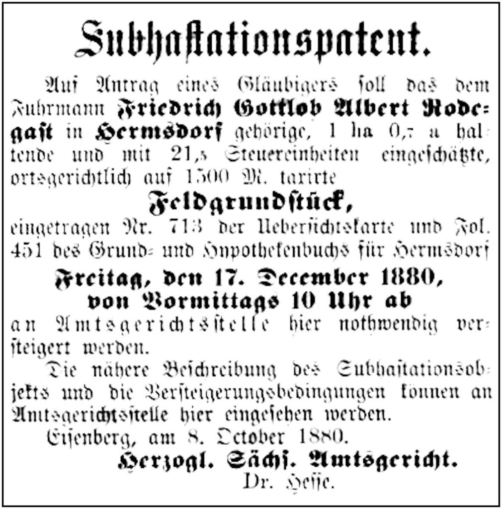 1880-10-08 Hdf Versteigerung Rodegast